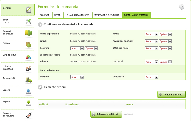 Configurarea formularului de comanda